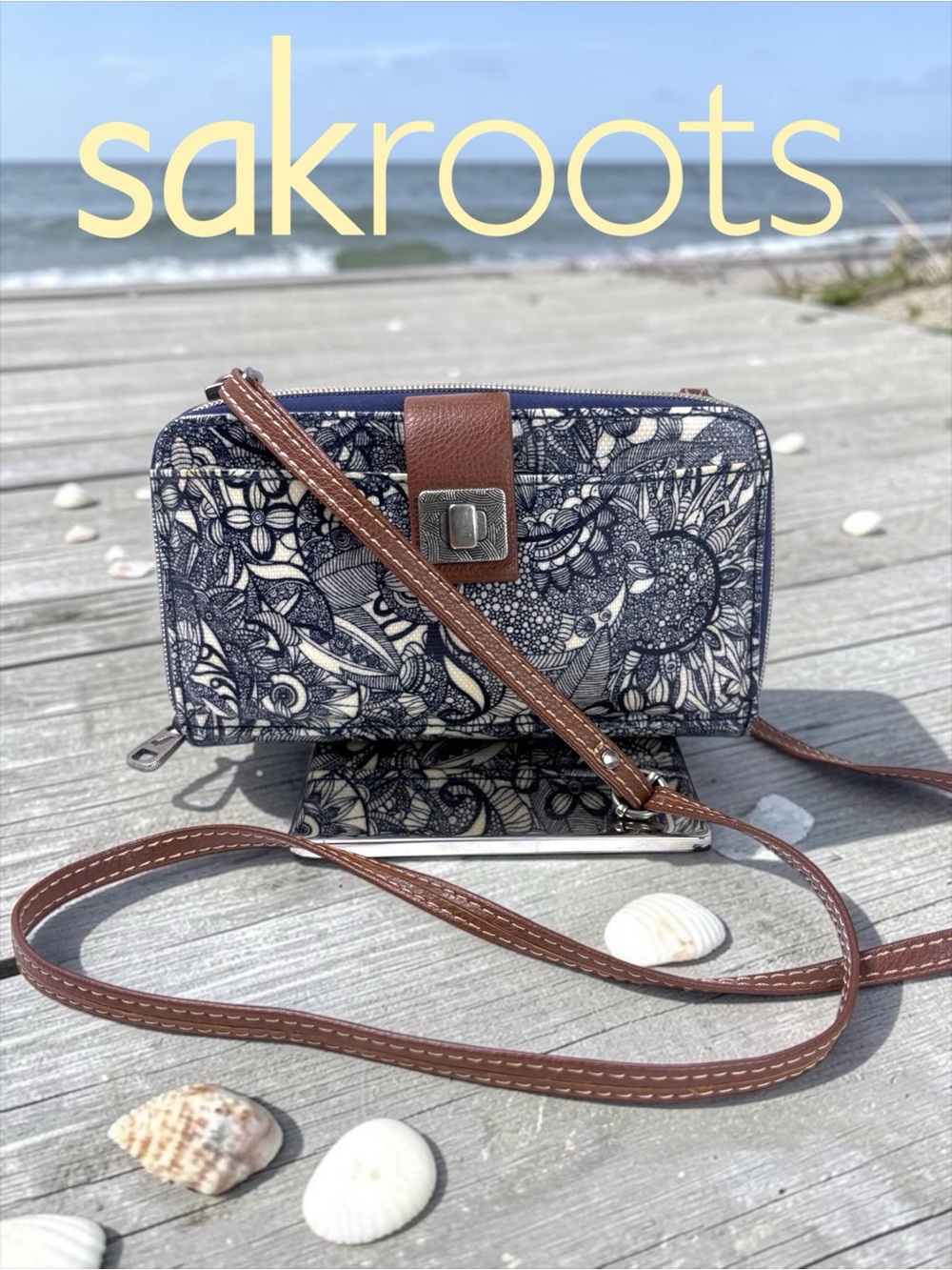 SAKROOTS Artist Circle Crossbody Wallet Purse Blue Floral Print RFID Organizer